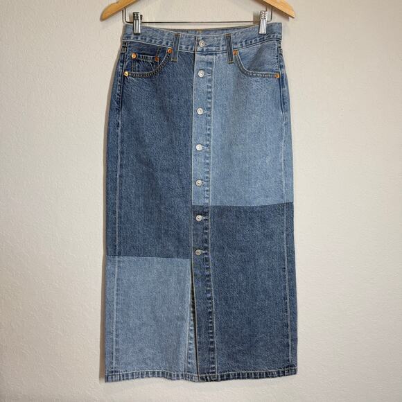 Levi's Dresses & Skirts - Women's Levi's Denim Blue Jean Pathwork Midi Denim Skirt Sample Size 27 Size S